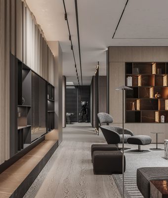Tailored Wood Veneer TV Cabinet With Black Storage Cabinet And Showcase