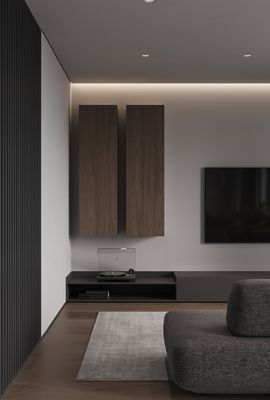 Minimalist Customized Living Room Design With Wooden Storage Cabinet