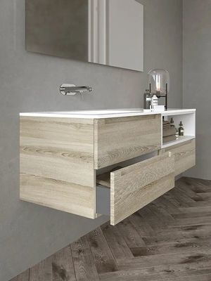 Modern Wood Grain Bathroom Vanity Double Sink Bathroom Cabinet Customized