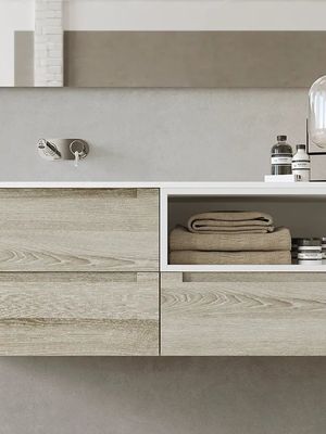 Modern Wood Grain Bathroom Vanity Double Sink Bathroom Cabinet Customized