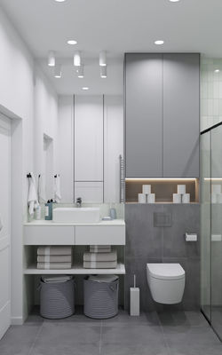 Customized White and Grey Bathroom Cabinet with Tall Side Cabinet Whole House Design
