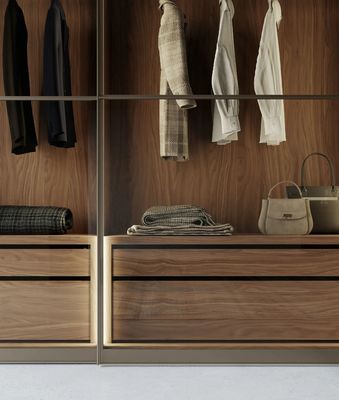 Modern Customized Wardrobe Wood Veneer Bedroom Wardrobe with Glass Doors