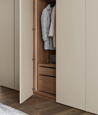 Beige PET Wardrobe with Wood Grain Display Shelf Customized Bedroom Closet