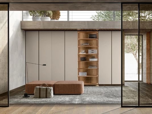 Beige PET Wardrobe with Wood Grain Display Shelf Customized Bedroom Closet