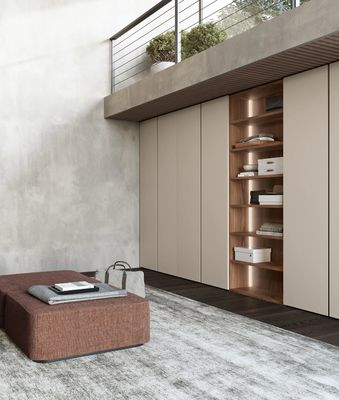 Beige PET Wardrobe with Wood Grain Display Shelf Customized Bedroom Closet