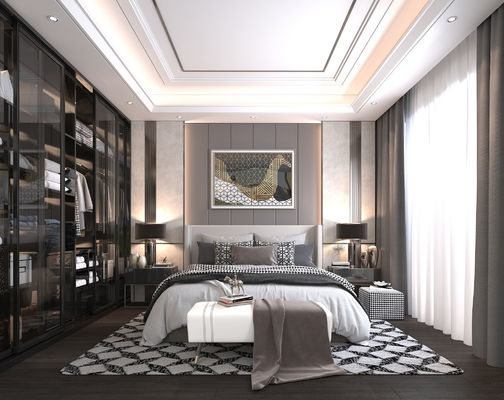 Bespoke Modern Bedroom Wardrobe Closet Custom With LED Light And Glass Doors