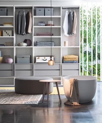 Light Grey Fitted Walk In Wardrobe Closet Customized With Dressing Table