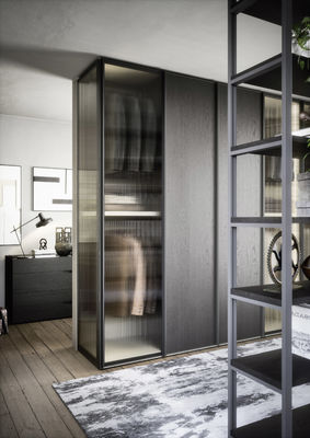 Black Wood Veneer Customized Wardrobe Closet Tailored L Shaped With Glass Doors