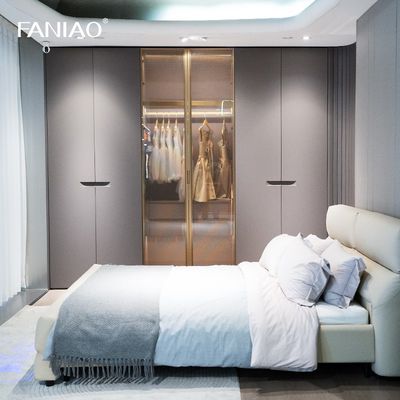French Style Gray Custom Bedroom Wardrobe With Glass Door Recessed Handles
