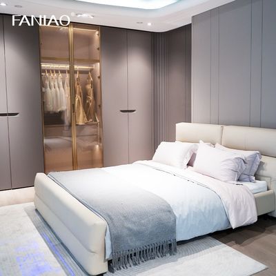 French Style Gray Custom Bedroom Wardrobe With Glass Door Recessed Handles