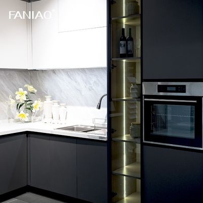 L Shaped PET Modern Kitchen Cabinet White And Grey With Pull Out Storage Basket