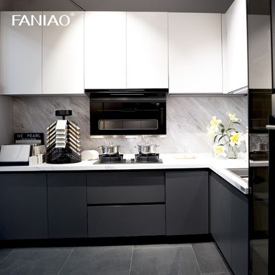 L Shaped PET Modern Kitchen Cabinet White And Grey With Pull Out Storage Basket