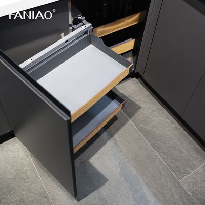 L Shaped PET Modern Kitchen Cabinet White And Grey With Pull Out Storage Basket