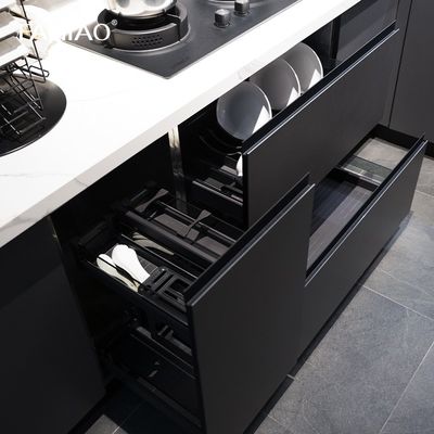L Shaped PET Modern Kitchen Cabinet White And Grey With Pull Out Storage Basket