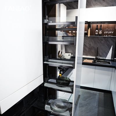 Modern White Black Custom Kitchen Cabinet Design EB Board With Dinning Table
