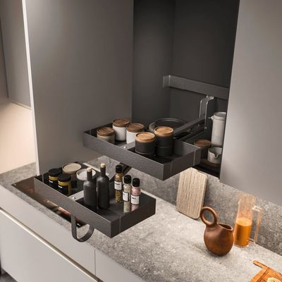Contemporary Automatic Folding Particle Board Wood Storage Kitchen Cabinet With Soft Closing Drawers Cupboard