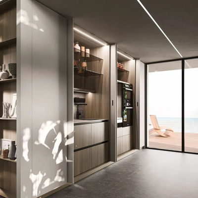 Contemporary Automatic Folding Particle Board Wood Storage Kitchen Cabinet With Soft Closing Drawers Cupboard