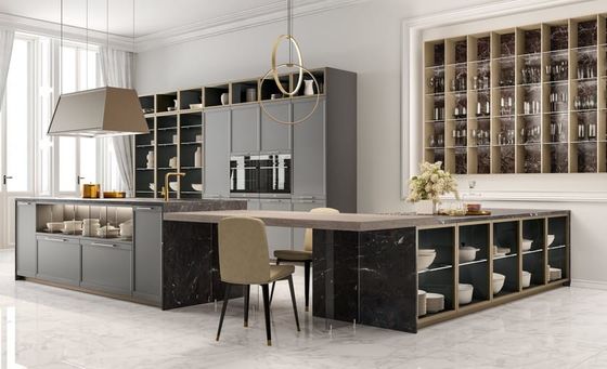 Custom Modern Modular Melamine Kitchen Cabinet with island Matt Quartz Gray Lacquered Wooden Kitchen Cabinets