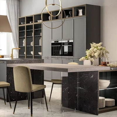 Custom Modern Modular Melamine Kitchen Cabinet with island Matt Quartz Gray Lacquered Wooden Kitchen Cabinets