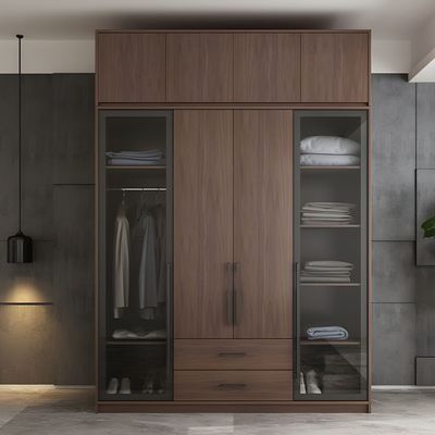 Custom Modern Freestanding Wardrobe with Self Close Drawers Brown Wooden Glass Door Swing Wardrobe
