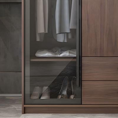 Custom Modern Freestanding Wardrobe with Self Close Drawers Brown Wooden Glass Door Swing Wardrobe