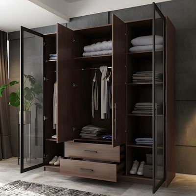Custom Modern Freestanding Wardrobe with Self Close Drawers Brown Wooden Glass Door Swing Wardrobe