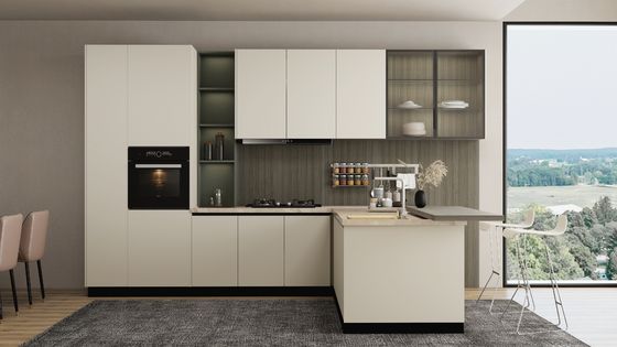L Shape White Lacquer Custom Made Modular Wood Kitchen Cabinet With Island
