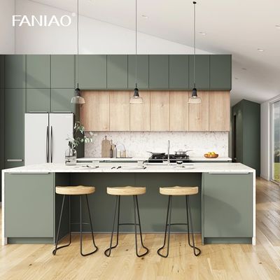 Green Melamine Laminated Finish Handleless Kitchen Cabinet For Builder