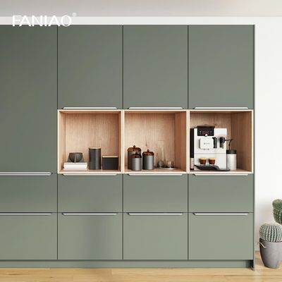 Green Melamine Laminated Finish Handleless Kitchen Cabinet For Builder