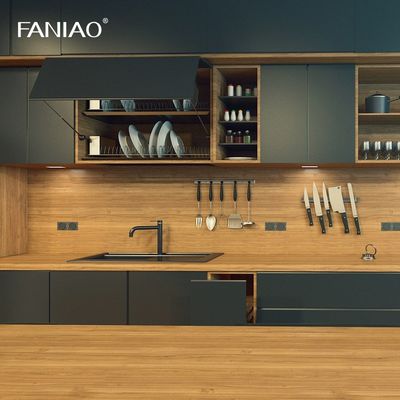 Minimalist Design Melamine Finish Green Wooden Modern Open Kitchen Cabinet