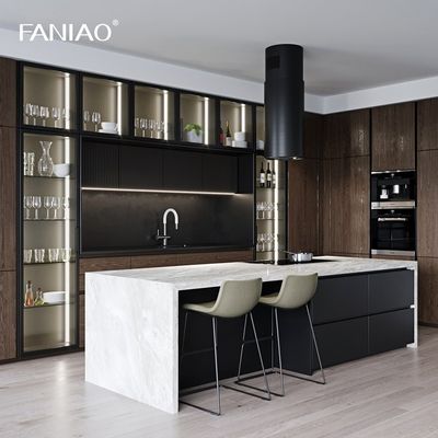 Modern Simple Design Glass Door Kitchen Furniture Popular Luxury Wood Grain Kitchen Cabinets For Villa