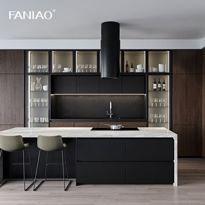 Modern Simple Design Glass Door Kitchen Furniture Popular Luxury Wood Grain Kitchen Cabinets For Villa