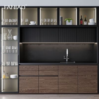 Modern Simple Design Glass Door Kitchen Furniture Popular Luxury Wood Grain Kitchen Cabinets For Villa