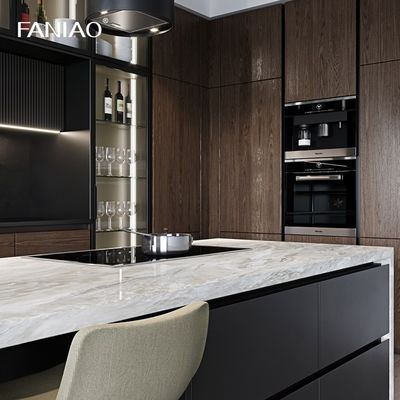 Modern Simple Design Glass Door Kitchen Furniture Popular Luxury Wood Grain Kitchen Cabinets For Villa