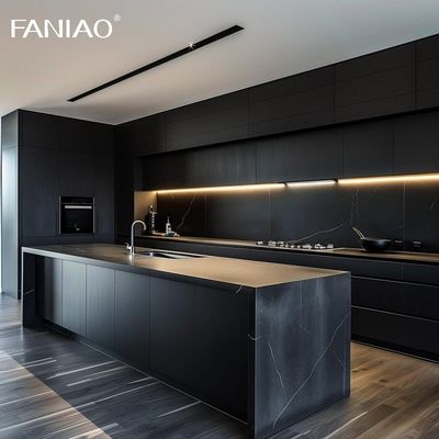 Modern Black Gloss Melamine Kitchen Cabinets with Panel Hinge Faucet Drawer Basket Villa Kitchen Cabinets
