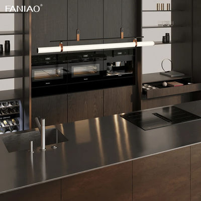 Modern Designs Stainless Steel Custom Furniture I Shaped Kitchen Cabinets Wood Grain Wall Cabinet Stainless Island