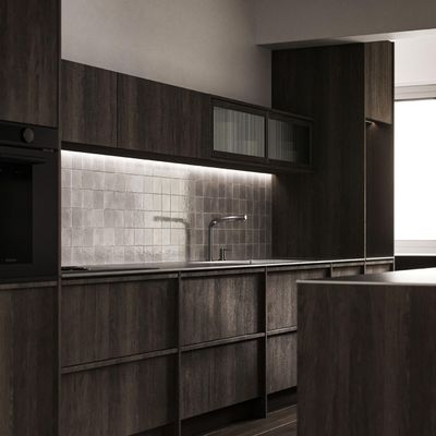 Custom Modern Skeleton Line Design Made Flat Wood Grain Finished Kitchen Cabinet Solid Wood Kitchen Cabinet