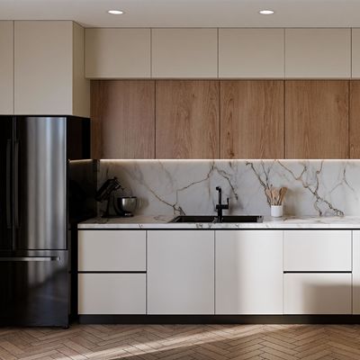 Customized Complete Modern Matt Finish Melamine Wood Grain Kitchen Cabinets For Apartment Projects