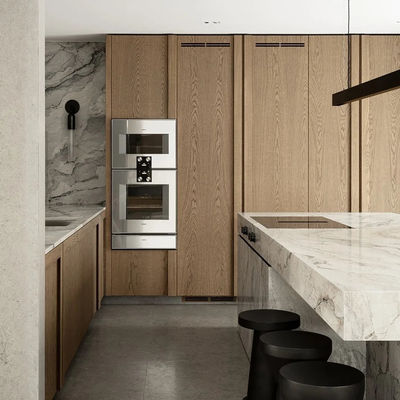 Villa White Oak Wood Veneer Kitchen Marble Countertop Frame Line Door Panel Complete Kitchen Cabinet Set