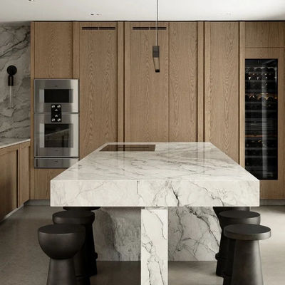 Villa White Oak Wood Veneer Kitchen Marble Countertop Frame Line Door Panel Complete Kitchen Cabinet Set