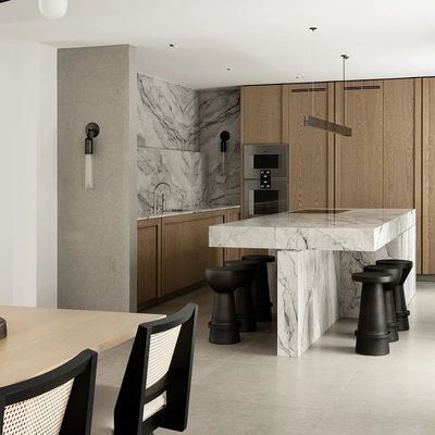 Villa White Oak Wood Veneer Kitchen Marble Countertop Frame Line Door Panel Complete Kitchen Cabinet Set