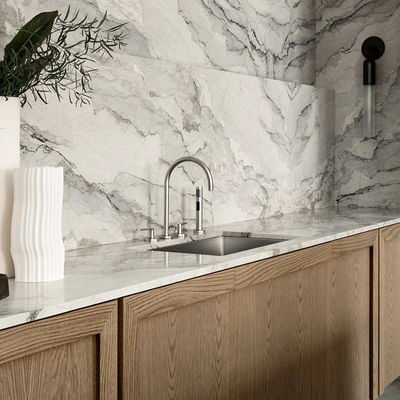 Villa White Oak Wood Veneer Kitchen Marble Countertop Frame Line Door Panel Complete Kitchen Cabinet Set
