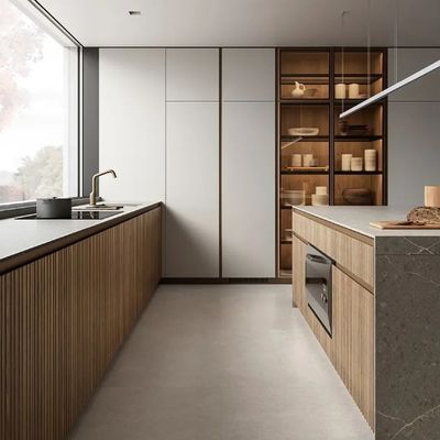 Builder Project Modern Luxury E0 Melamine Solid Wood Kitchen Cabinets With Island