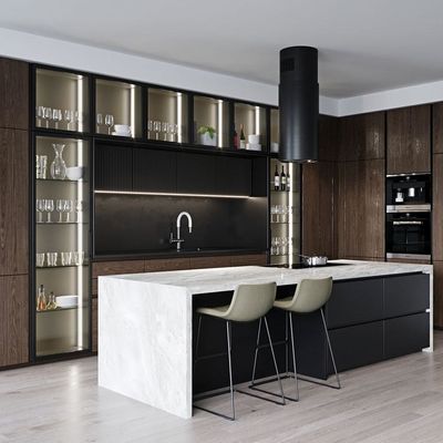 I Shape Lacquer Custom Made Wood Kitchen Cabinet With Island Waterfall Double Sink Design