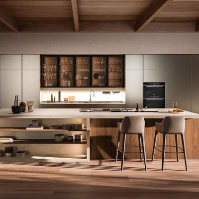 I Shape Lacquer Custom Made Wood Kitchen Cabinet With Island Waterfall Double Sink Design