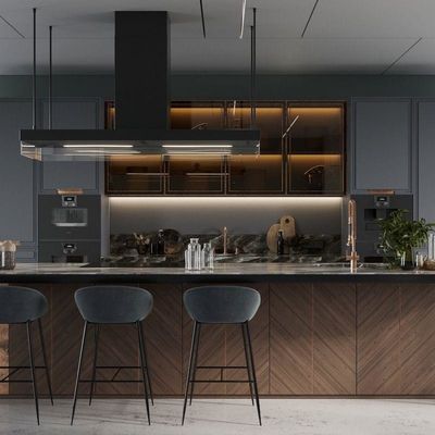 I Shape Lacquer Custom Made Wood Kitchen Cabinet With Island Waterfall Double Sink Design