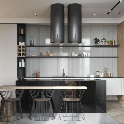 I Shape Lacquer Custom Made Wood Kitchen Cabinet With Island Waterfall Double Sink Design