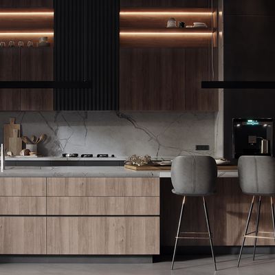 Customized Wooden Veneer And Matt Black Lacquer Modern Kitchen Cabinet Designs For Home Kitchen Cabinet