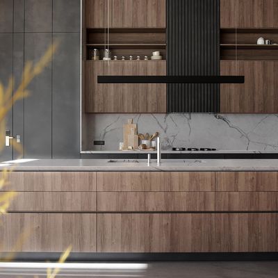 Customized Wooden Veneer And Matt Black Lacquer Modern Kitchen Cabinet Designs For Home Kitchen Cabinet