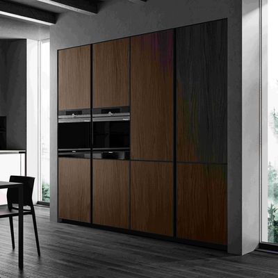 Luxury Home Furniture Modular Walnut Wood Veneer Matt Black Color Glass Door Kitchen Cabinets Modern Design